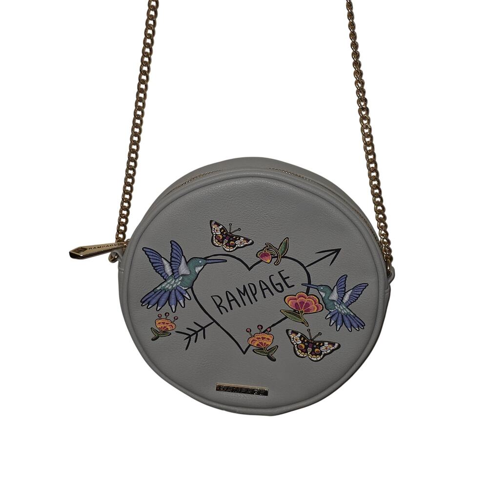 Rampage Crossbody Shoulder Purse Gray Birds Butterflies Heart Canteen Chain Bag